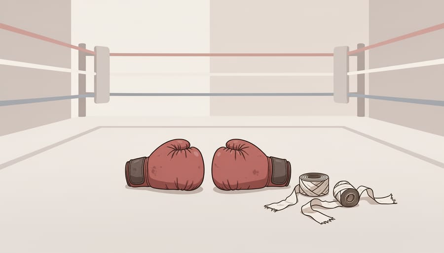 Boxing gloves, athletic tape, and mouthguard on a bench with a boxing gym background