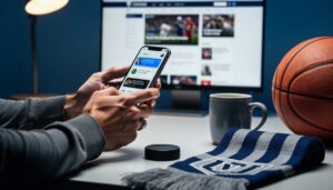 A Canadian sports bettor’s hands holding a smartphone with sports alerts while hockey and basketball gear sit on a desk, symbolizing fast headline-driven betting decisions.