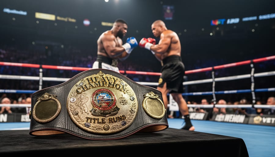 Championship belt draped over a boxing ring rope with the gym blurred in the background