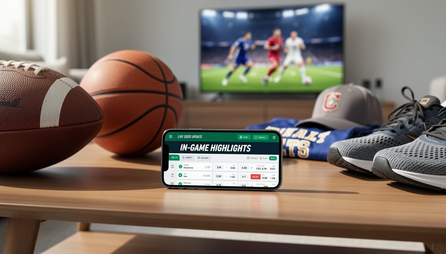 Hand holding a smartphone receiving sports alerts with a hockey puck and basketball on a desk
