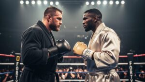 Two heavyweight boxers face off in a boxing ring under arena lights during a tense pre-fight stare-down.