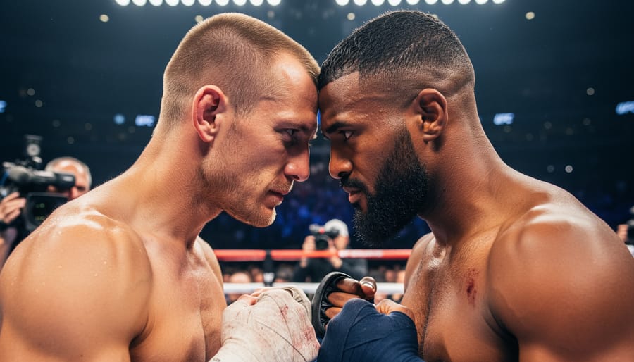 Two heavyweight boxers face off inside a boxing ring under arena lights