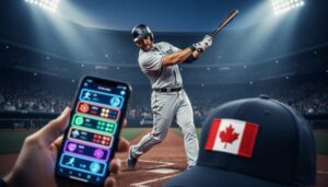Baseball player swinging in a lit stadium with a Canadian flag accent and a smartphone showing glowing bet-slip shapes without readable text.