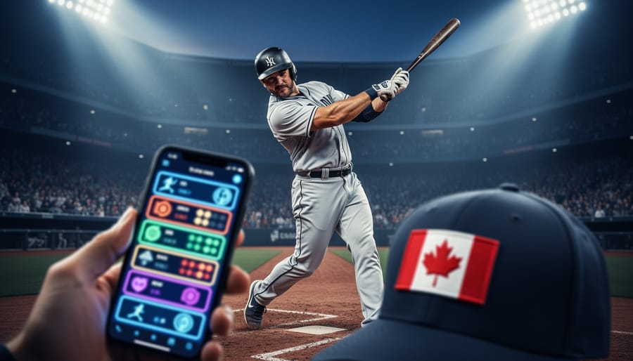 Baseball player swinging in a lit stadium with a Canadian flag accent and a smartphone showing glowing bet-slip shapes without readable text.