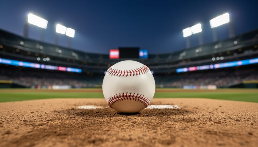 A baseball resting on the pitcher’s mound under stadium lights at night