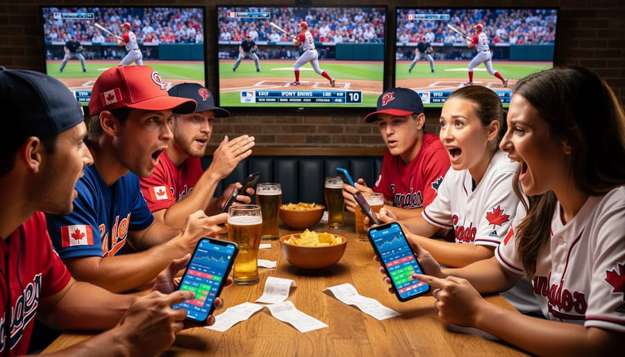 A Canadian sports fan holding a smartphone while preparing to watch and bet on baseball