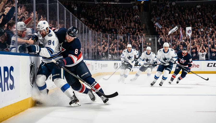Two NHL players colliding along the boards during a fast playoff shift.