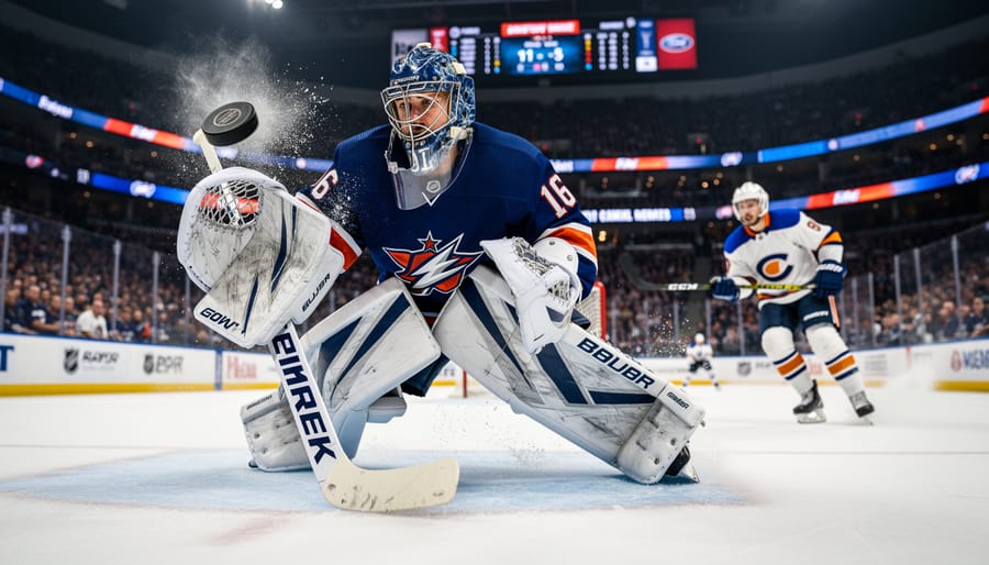 NHL goalie making a glove save in front of the net under dramatic arena lighting.