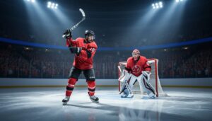 Carolina Hurricanes players in full hockey gear celebrate on the ice during the 2026 Stanley Cup Final, with arena spotlights illuminating the scene.