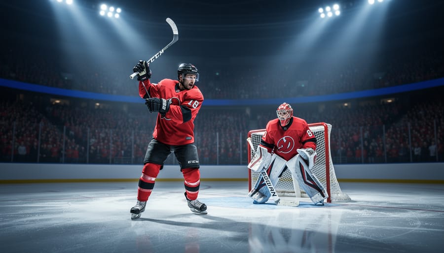 Carolina Hurricanes players in full hockey gear celebrate on the ice during the 2026 Stanley Cup Final, with arena spotlights illuminating the scene.