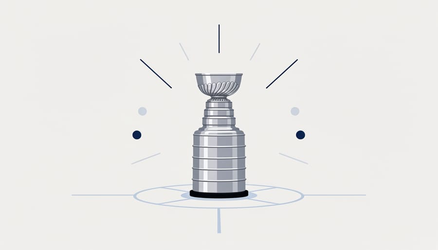 Close-up of the Stanley Cup on velvet in a dimly lit arena with blurred background lights.