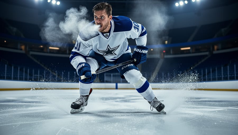 Athlete stepping onto an ice rink with visible breath mist in cool arena lighting