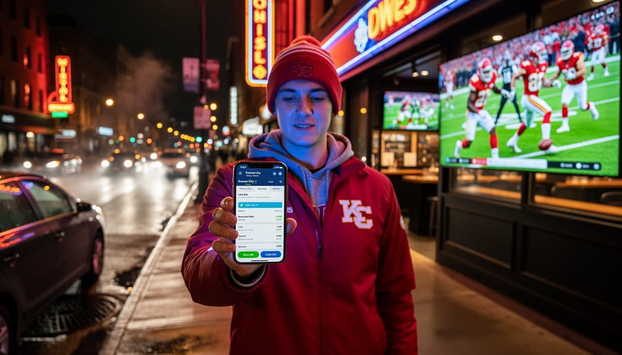 Person holding a smartphone while walking in a city at dusk with sports district atmosphere