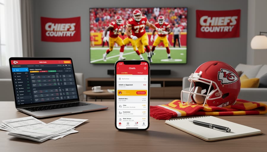 Hand placing a smartphone on a table next to a Kansas City Chiefs mini helmet and betting items