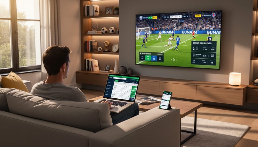 Person watching a sports broadcast on a screen while holding a smartphone for betting