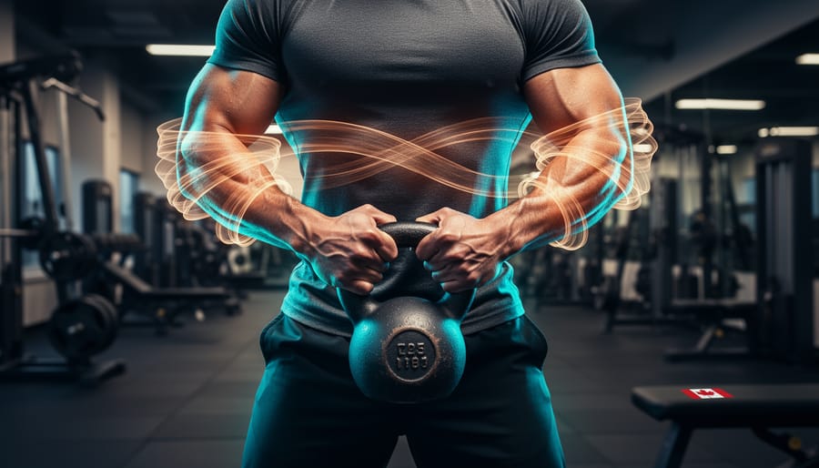Athlete lifting a kettlebell in a gym with subtle glowing motion around the body to represent exercise-related hormonal changes.