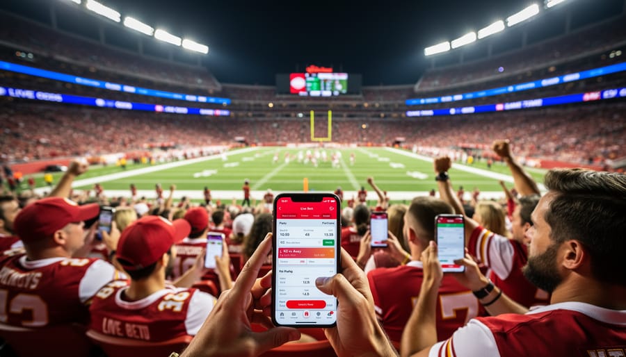 Fan holding a smartphone in a night football stadium during live game action