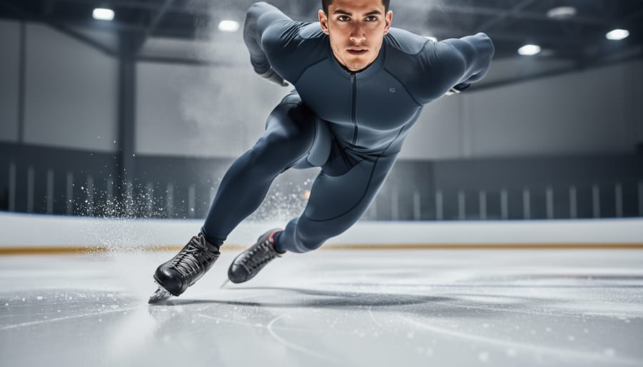 Canadian athlete sprinting on a hockey rink during training, with skates and ice in sharp focus