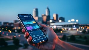 Close-up of a hand holding a smartphone with a glowing betting slip interface, with blurred Kansas City skyline and stadium lights in the background.