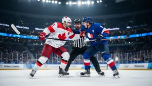 Two hockey players from Canada and France fight near the boards in an Olympic arena while a referee intervenes.