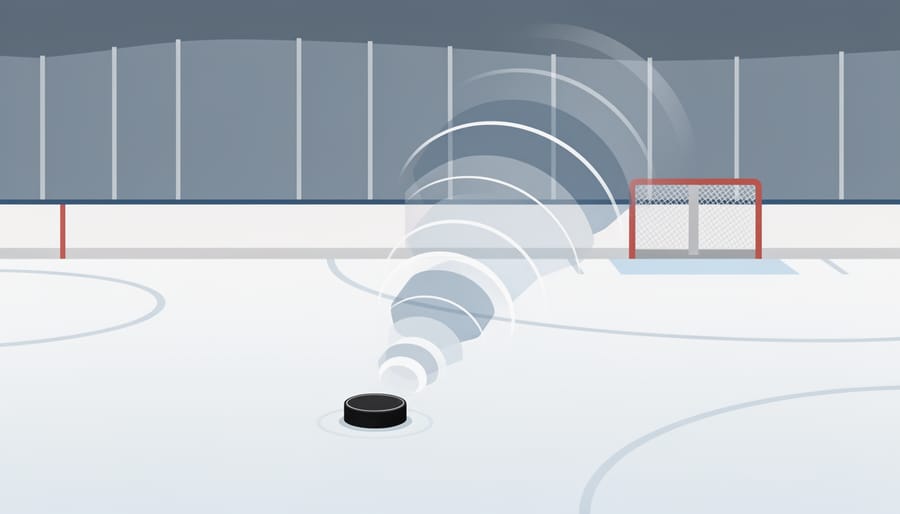 Hockey puck resting on ice with blurred skate blade passing in the background