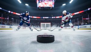 Ice hockey rink viewed at ice level during a late-season NHL game, with a puck and players skating toward the goal under arena lights and a blurred scoreboard glow.