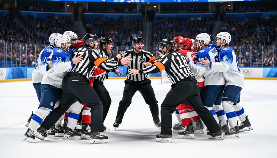Officials intervene to separate players during a tense hockey incident on the ice