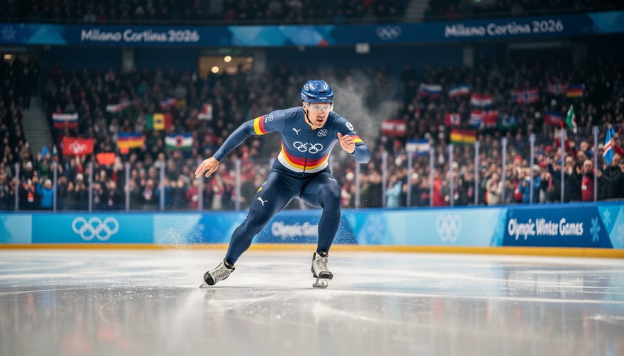 Ice hockey players collide near the boards under arena lighting on an Olympic rink