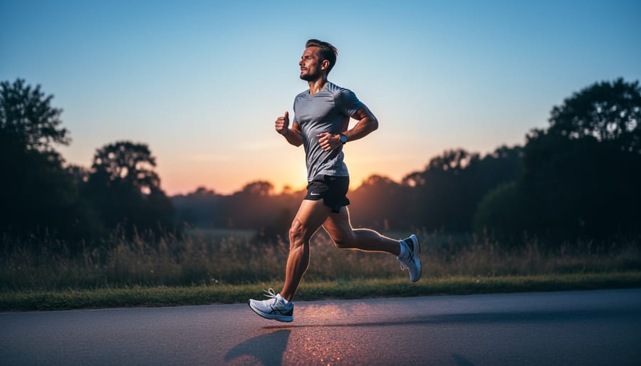 Runner jogging at dusk under streetlights with a warm glow and twilight sky