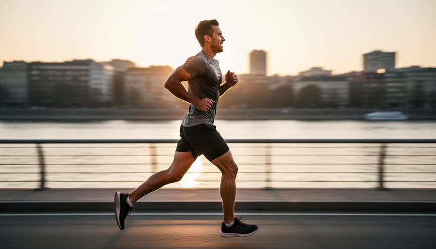 Runner jogging on a quiet road at sunrise with a calm, determined expression