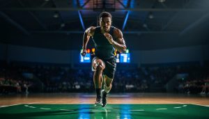 Low-angle photo of an athlete sprinting on an indoor basketball court under dramatic side lighting, with a blurred crowd background.