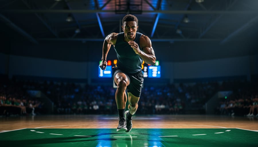 Low-angle photo of an athlete sprinting on an indoor basketball court under dramatic side lighting, with a blurred crowd background.